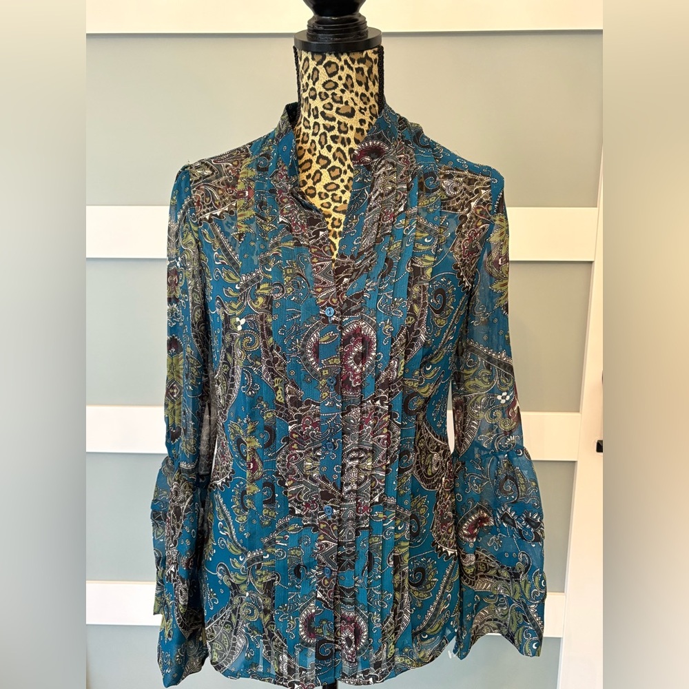 INC International Concepts Teal, Green, Burgundy Paisley Blouse Size 2